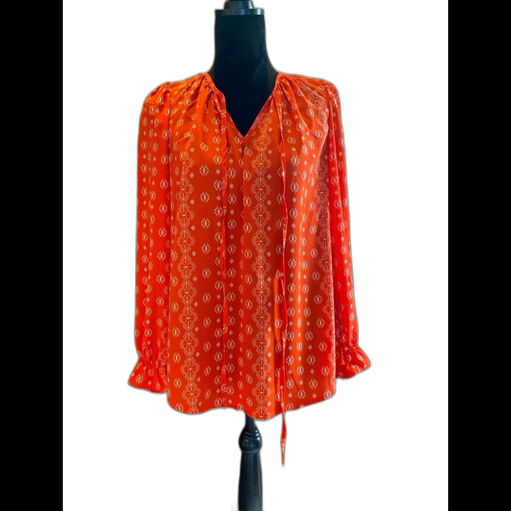 Womens Flowy Boho Size Medium Sheer‎ Orange Long Sleeve Blouse